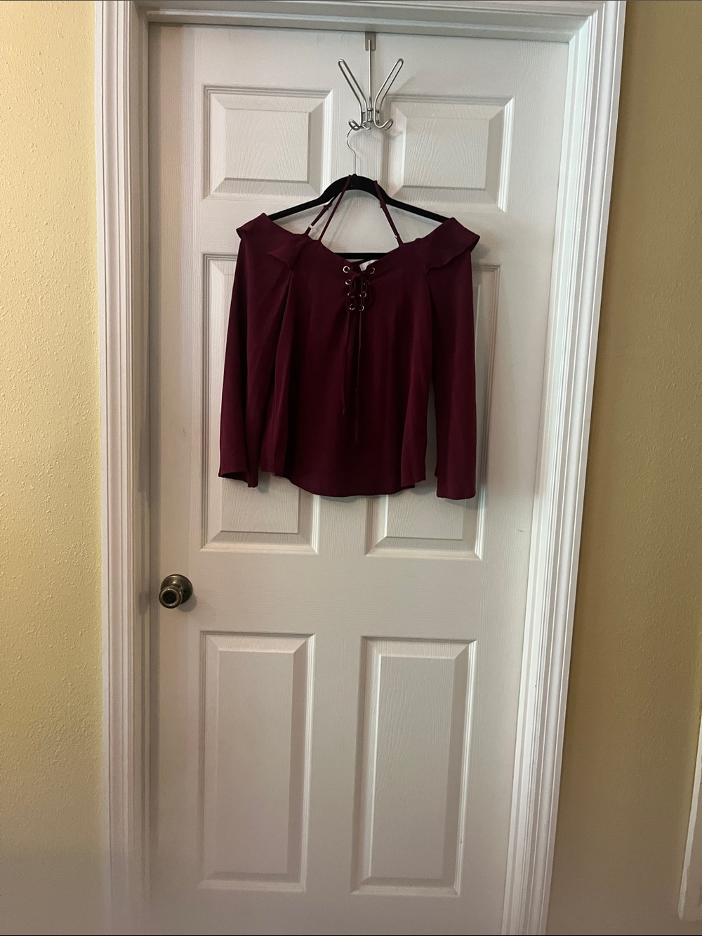 Active USA Off-Shoulder Lace-Up Top in Wine